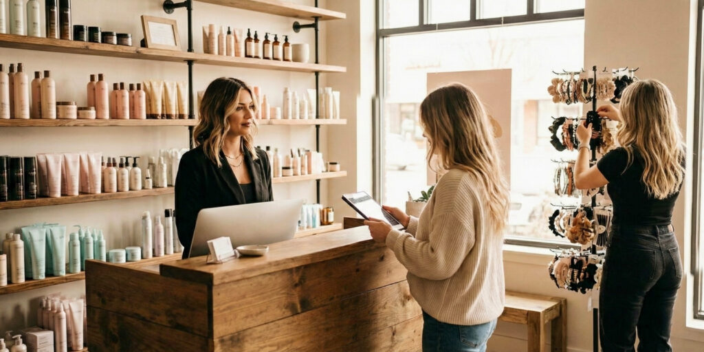 A receptionist working at the front desk of a modern beauty salon surrounded by retail shelves, illustrating non-service cosmetology jobs.