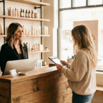 A receptionist working at the front desk of a modern beauty salon surrounded by retail shelves, illustrating non-service cosmetology jobs.