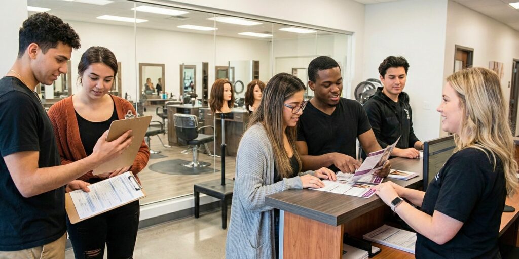 A diverse group of young adults standing at a modern beauty school reception desk, holding clipboards and brochures while discussing enrollment and program requirements with a friendly staff member.