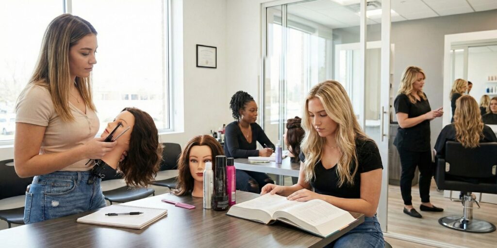 Cosmetology students training in a classroom salon, practicing hair techniques on mannequin heads and studying textbooks to meet state license requirements.