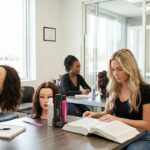 Cosmetology students training in a classroom salon, practicing hair techniques on mannequin heads and studying textbooks to meet state license requirements.
