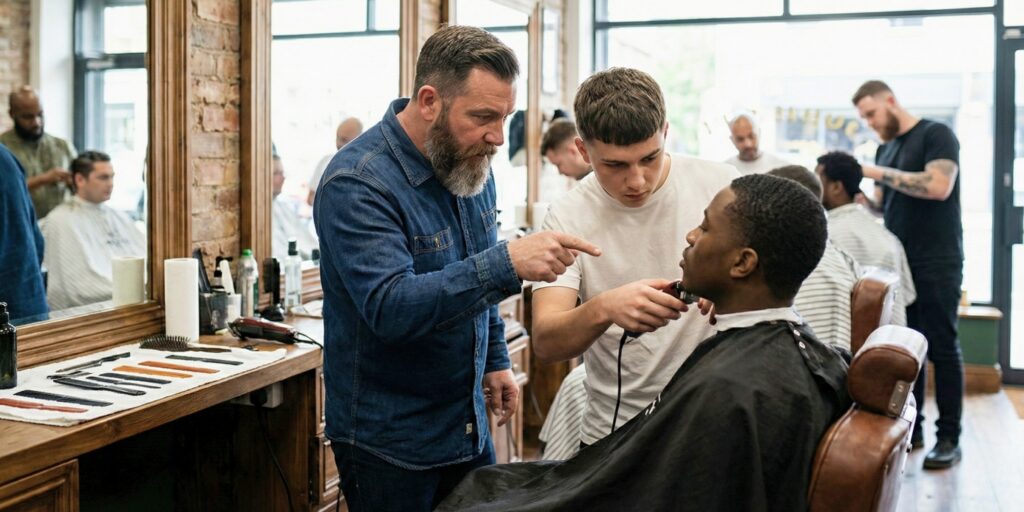 An experienced barber with a beard points and guides a student barber using clippers on a client in a busy, authentic barbershop setting.