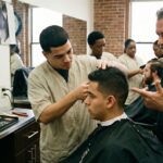 A barber school instructor actively teaching a student barber during practical training on a busy clinic floor, with an open professional clipper kit visible on the station.