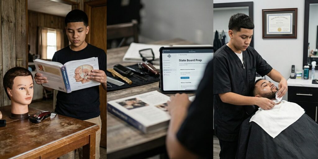 A triptych photograph illustrating the journey from studying barbering basics at home to preparing for the state board exam with digital tools, and finally working as a licensed professional in a barbershop with a license certificate on the wall.