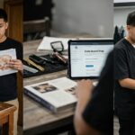 A triptych photograph illustrating the journey from studying barbering basics at home to preparing for the state board exam with digital tools, and finally working as a licensed professional in a barbershop with a license certificate on the wall.