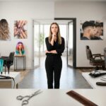 A busy, split-section beauty school salon floor showing barbering students performing a haircut and straight razor shave, and cosmetology students applying complex highlights and makeup, representing the dual training available.