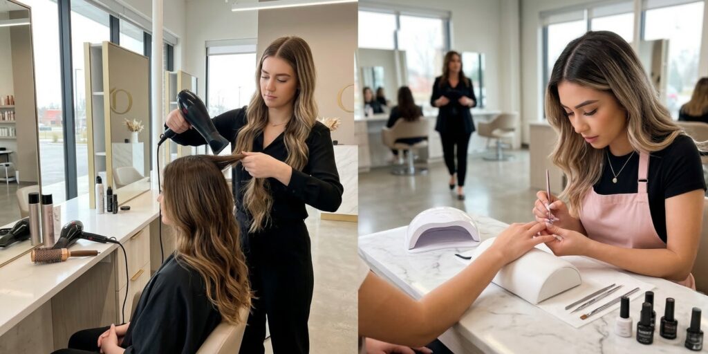 A split-screen view of a modern beauty school classroom showing a cosmetology student styling hair on the left and a nail technology student applying nail polish on the right.