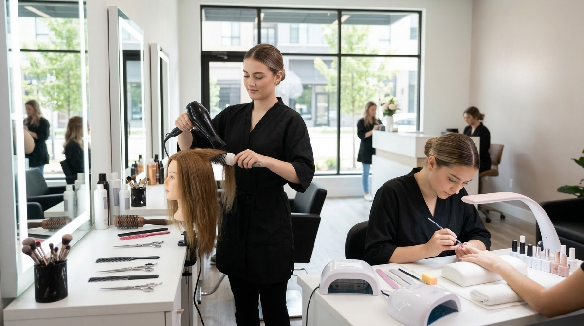 A cosmetology student styling hair at a professional salon station next to a nail technology student performing detailed manicure work in a bright, modern beauty academy.