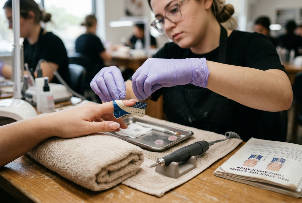 Close-up of a student in purple gloves carefully aligning a paper sculpting form under a client's nail for a gel extension.
