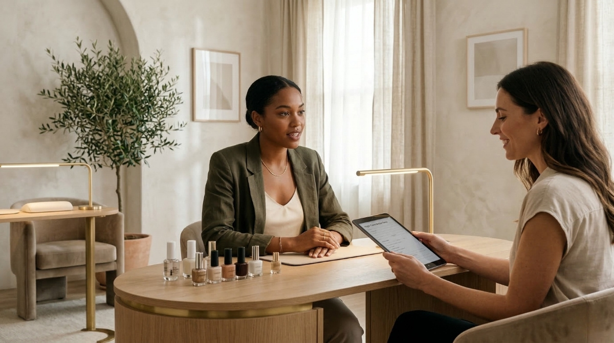 A confident female beauty professional consulting with a client in a minimalist luxury nail studio featuring high-end decor, warm lighting, and a modern salon suite atmosphere.