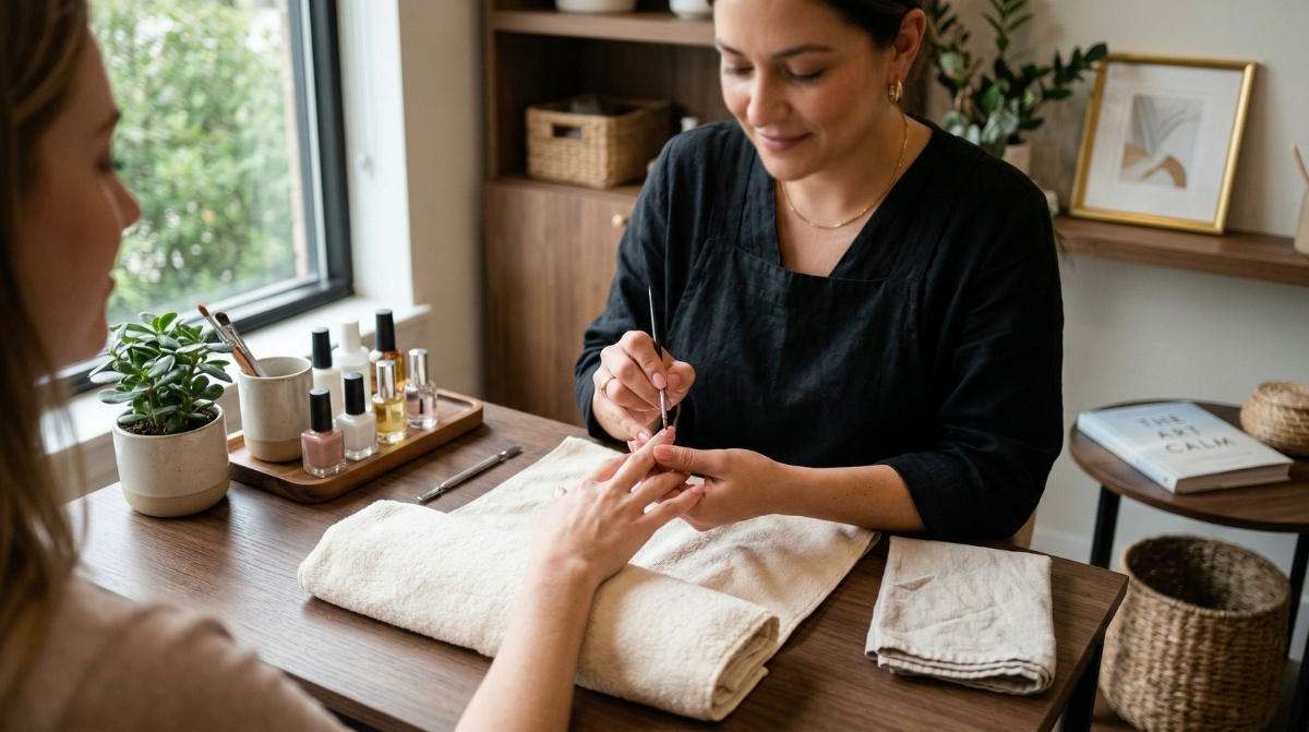 A professional nail technician performing a detailed manicure service on a client’s hand in a bright, modern salon. The client's hand rests on a soft cream towel on a dark wood table, surrounded by unbranded polish bottles, a small plant, and a ceramic cup. The scene is lit by soft natural daylight, emphasizing the glossy blush pink nails and a clean, sophisticated atmosphere.