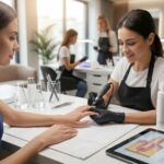 A professional nail technology student performing a precise manicure using an e-file in a modern, well-lit beauty school classroom setting with advanced digital learning tools.