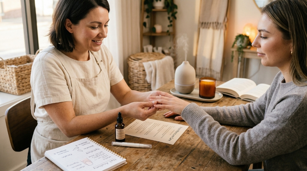 A professional nail technician examines a client's healthy natural nails over a wooden table featuring an aftercare card and cuticle oil.
