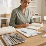 A professional nail technician student sitting at a modern manicure station in a bright beauty academy, reviewing a training manual and licensing paperwork next to sanitized metal tools and unbranded gel bottles.