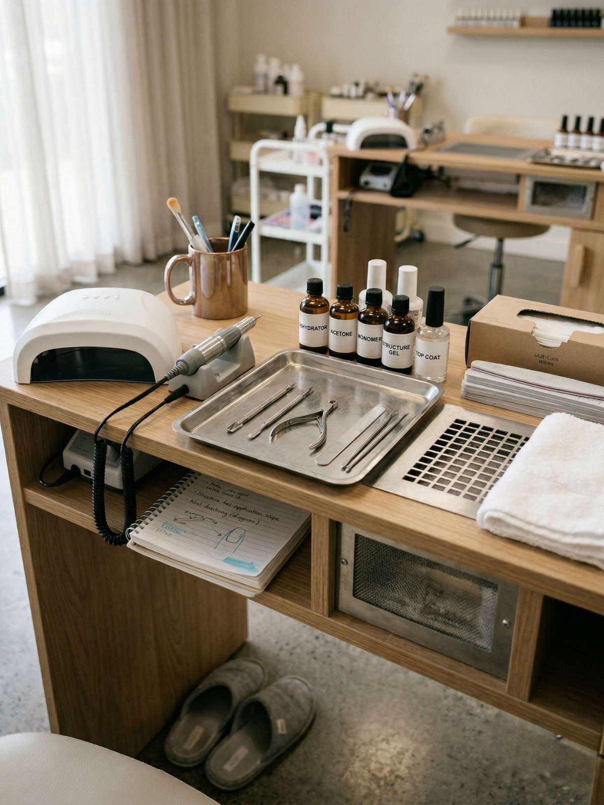 A modern wooden nail desk is set up in a salon, featuring a white UV lamp, an electric file, a tray with implements, product bottles, a notebook with nail art sketches, and a pair of slippers below.