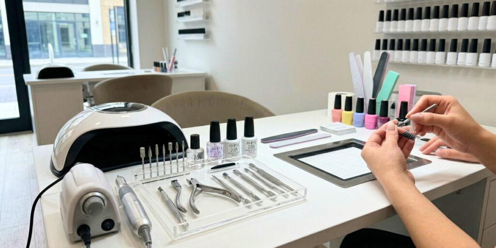 A detailed photograph of a professional nail technician's workstation, featuring essential tools for core procedures like an E-file, UV/LED lamp, precision steel implements, and product bottles. Hands are shown performing a sculpted nail extension using a form.