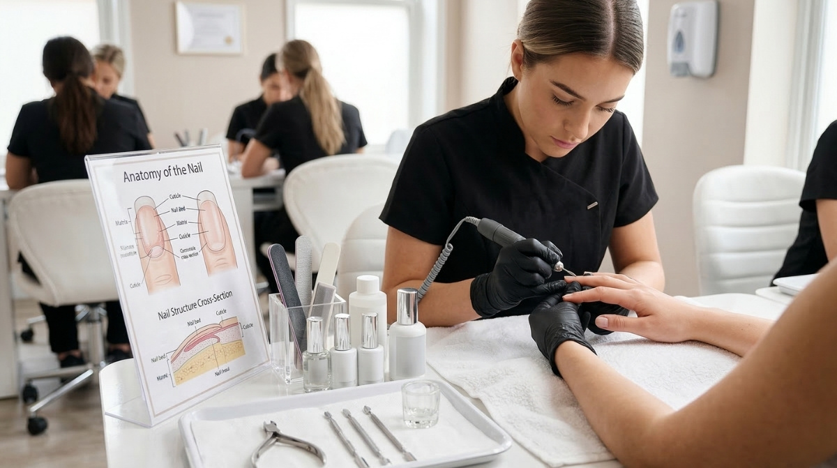 A nail technology student in professional attire practicing precision techniques on a model hand at a clean, sanitized workstation featuring a nail anatomy chart and manicure tools.
