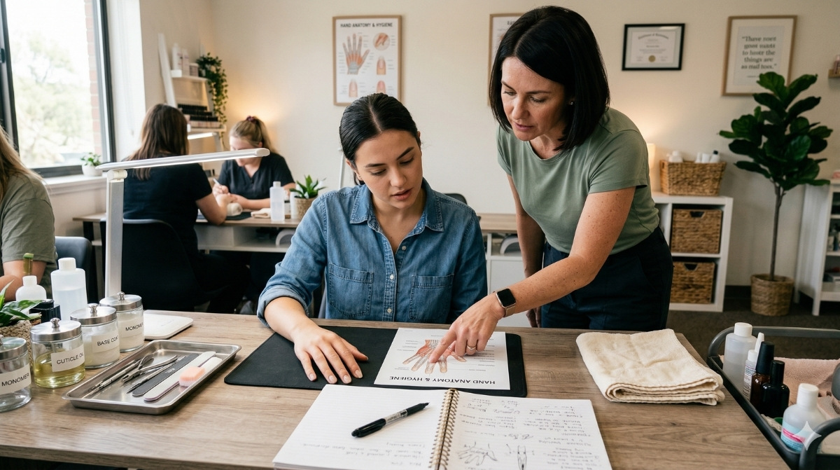 A female nail instructor points to a hand anatomy diagram for a seated student wearing a denim shirt, with manicure tools and a notebook on the desk in a professional training classroom.