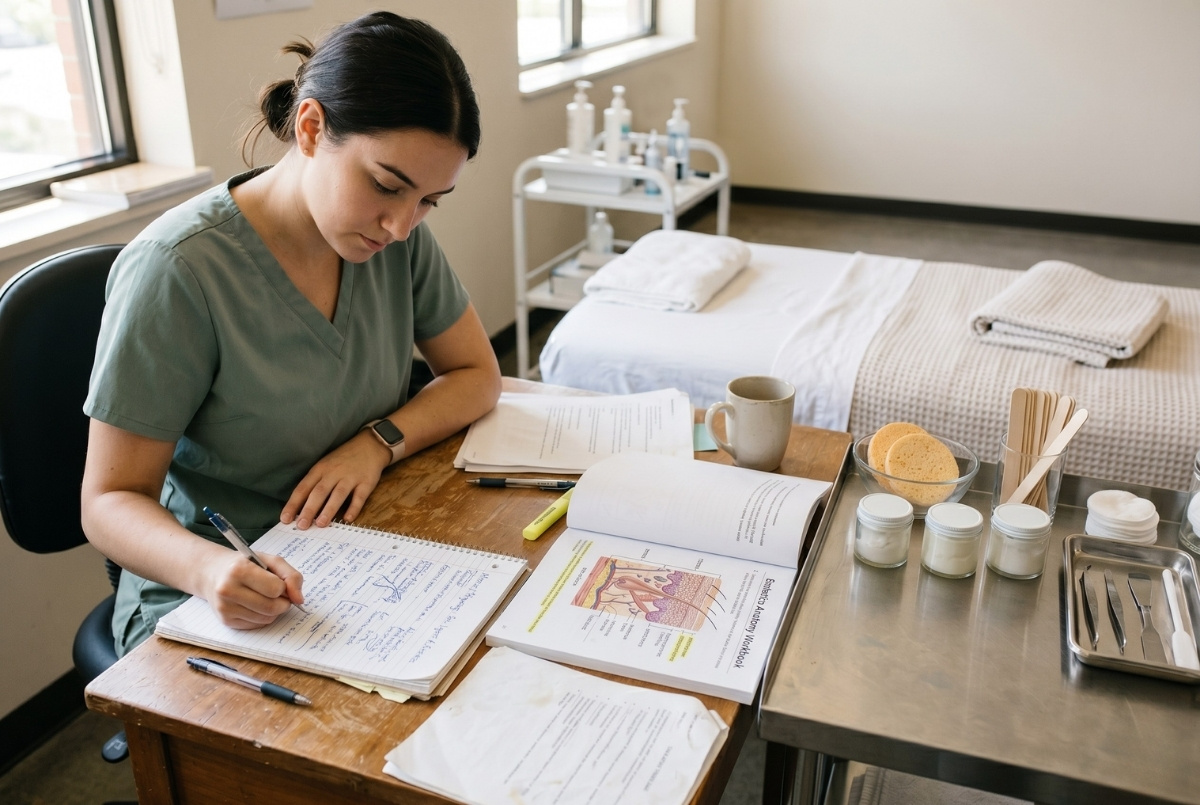An esthetics student writes notes at a desk featuring a skin anatomy workbook and facial treatment tools with a spa bed in the background.