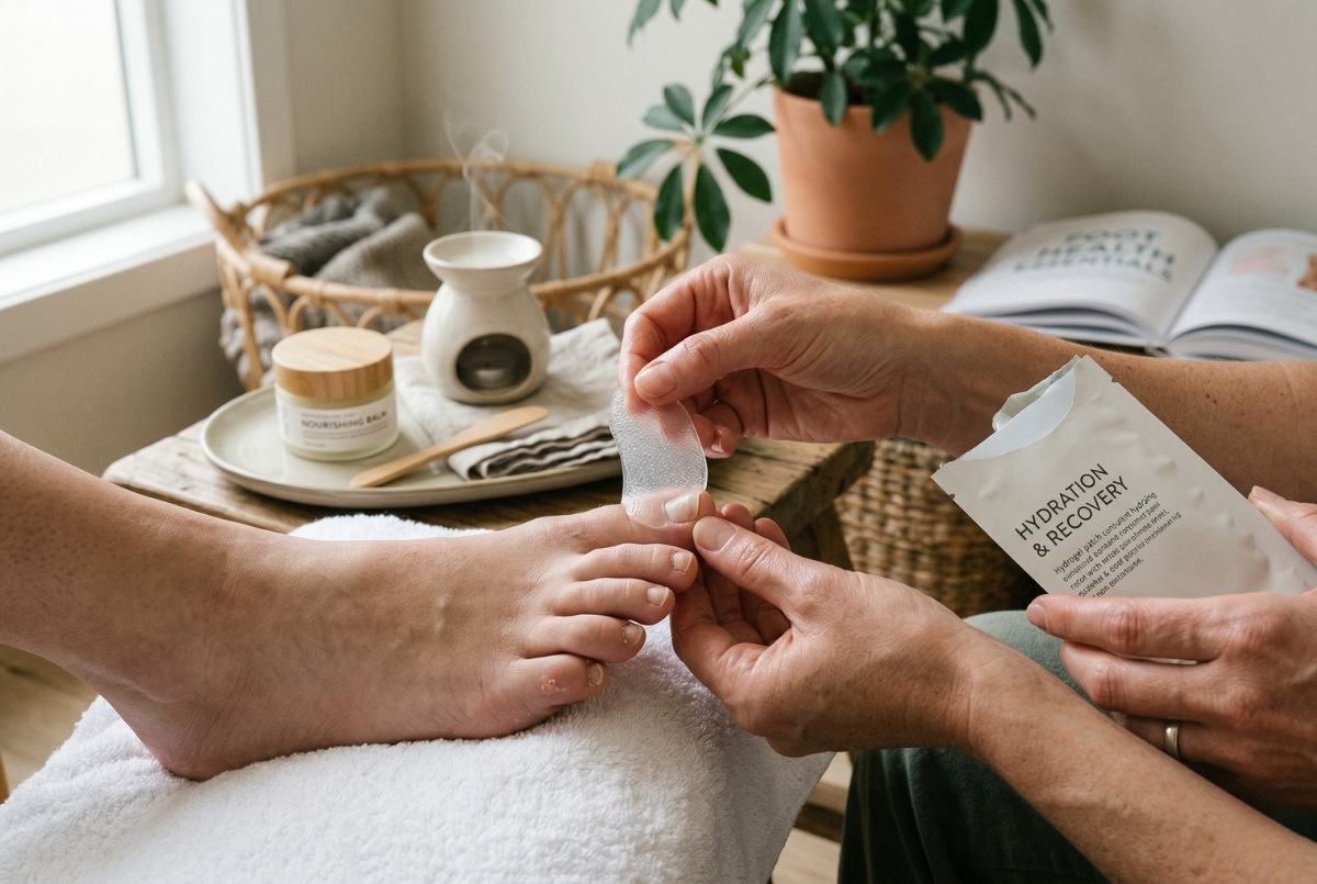 Professional hands apply a clear hydrogel patch to a client's natural-looking foot resting on a soft white towel in a clean spa environment.
