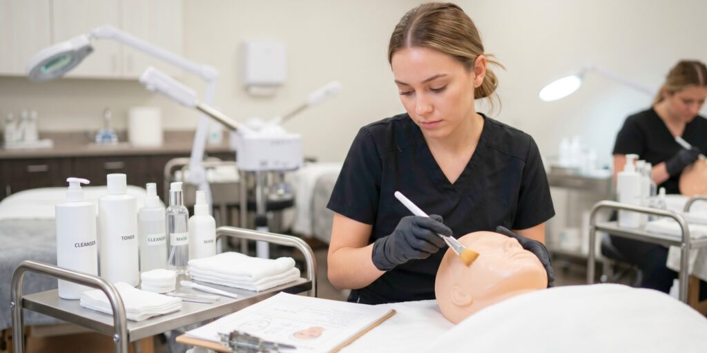 A focused student in black scrubs uses a facial brush on a mannequin head during a practical training session for skincare certification.