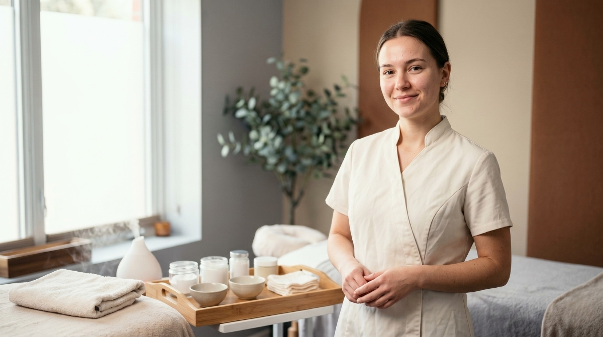 Confident newly trained esthetician standing in a clean spa treatment room beside a treatment bed and tray with skincare bowls, jars, folded towels, cotton cloths, and a diffuser.