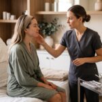 A licensed esthetician in a clean grey uniform calmly examining a seated client's skin during a professional consultation in a modern skincare room