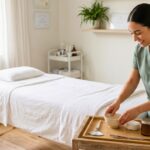 A student esthetician in sage green scrubs organizes a ceramic bowl and skincare jars on a wooden tray beside a white treatment bed.