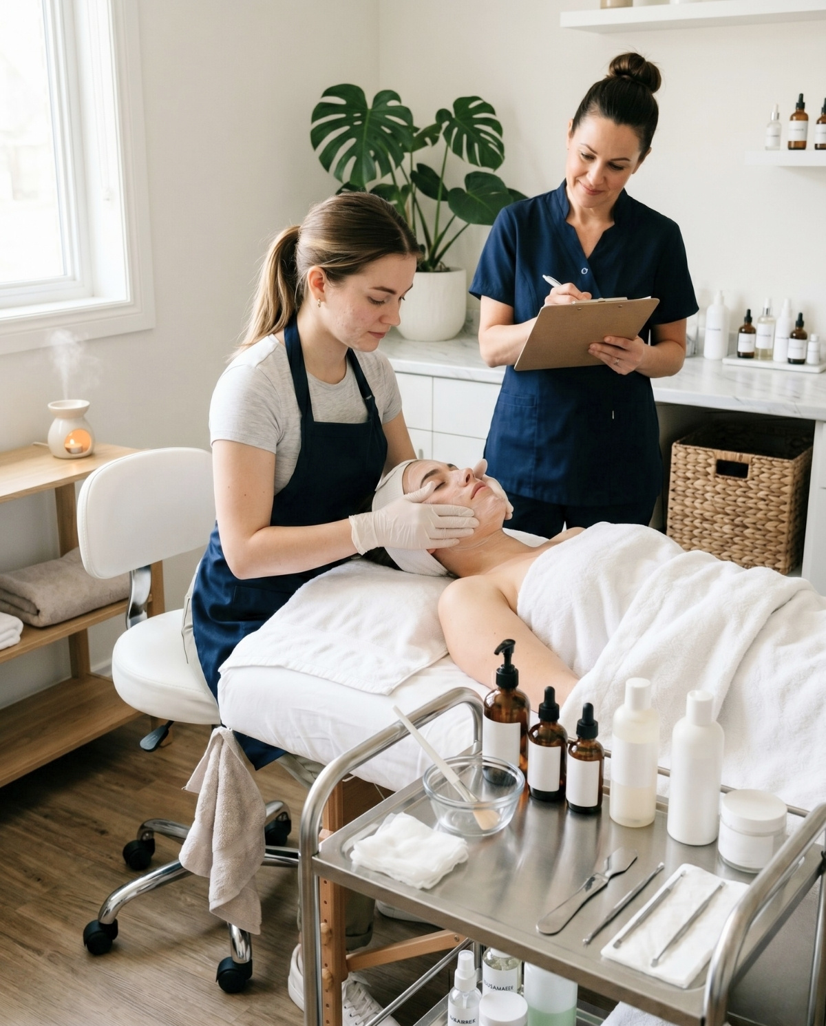 An esthetics student practices a facial treatment on a peer while an instructor observes in a bright beauty academy.
