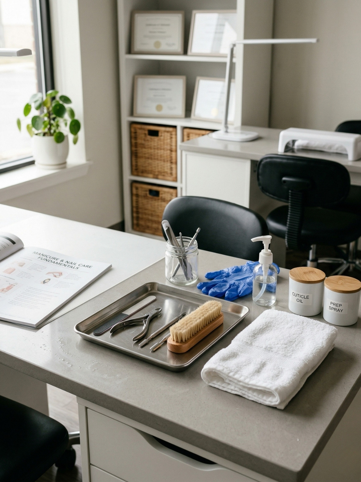 A professional manicure workstation with tools, a nail brush, cuticle oil and prep spray canisters, blue gloves, a towel, and a nail care manual in a clean studio.
