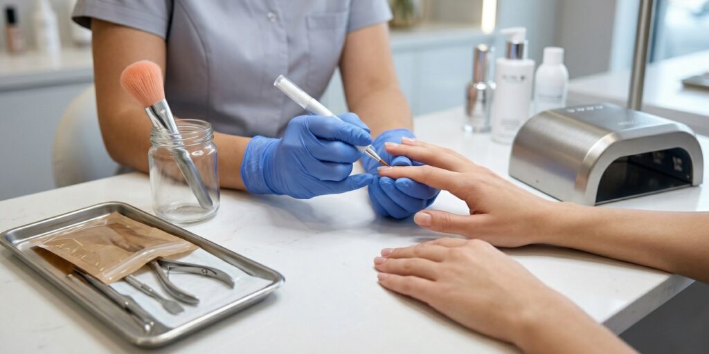 A close-up photograph of a professional, hygienic nail technology workstation. A technician in gloves uses a manicure pen on a client's natural nail matrix, positioned next to a sealed autoclave bag of sterile generic metal tools and a UV lamp on a pristine surface.