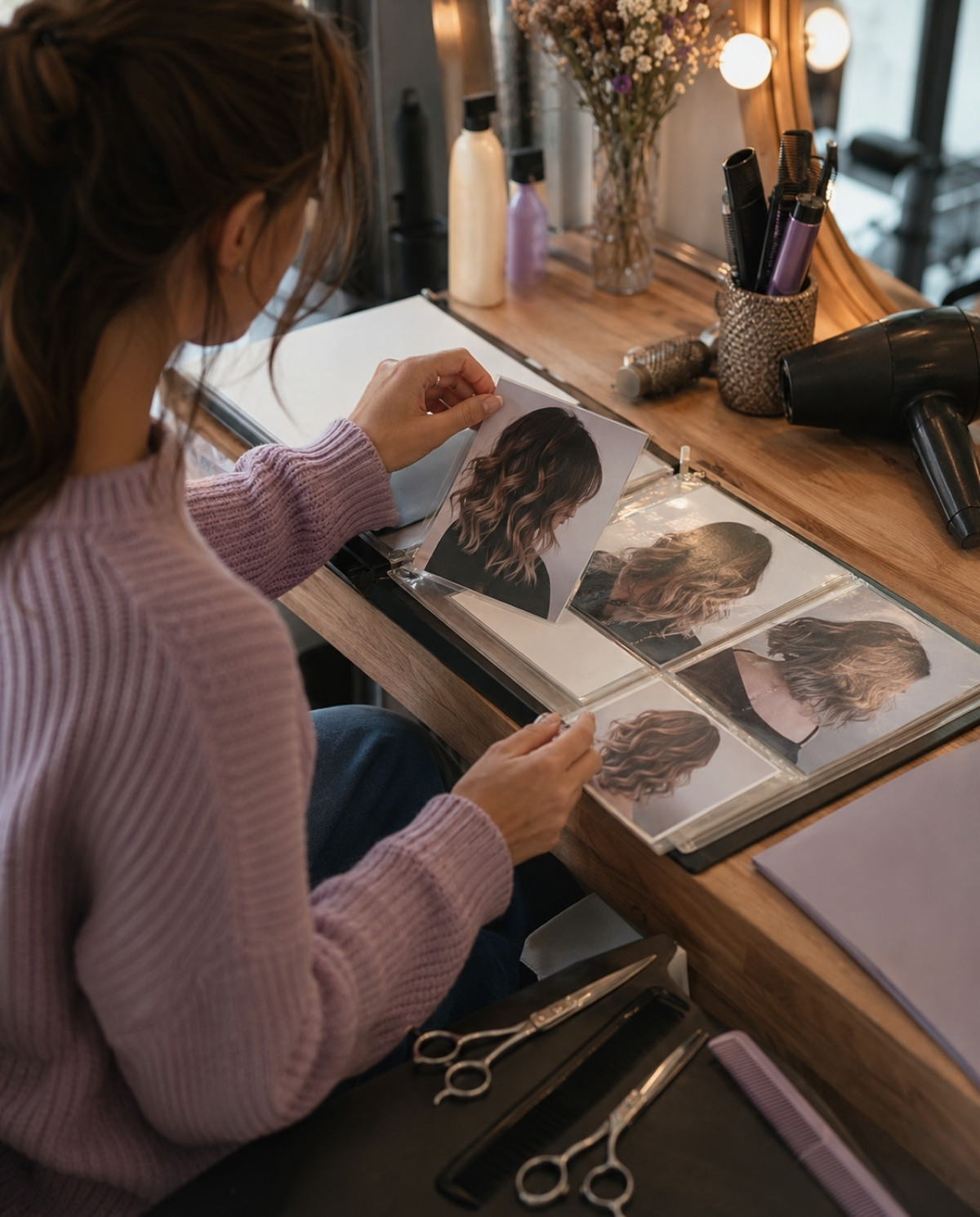 Beauty graduate placing printed hairstyle photos into a portfolio binder beside shears, combs, blow-dryer, and a neutral resume folder at a salon station.