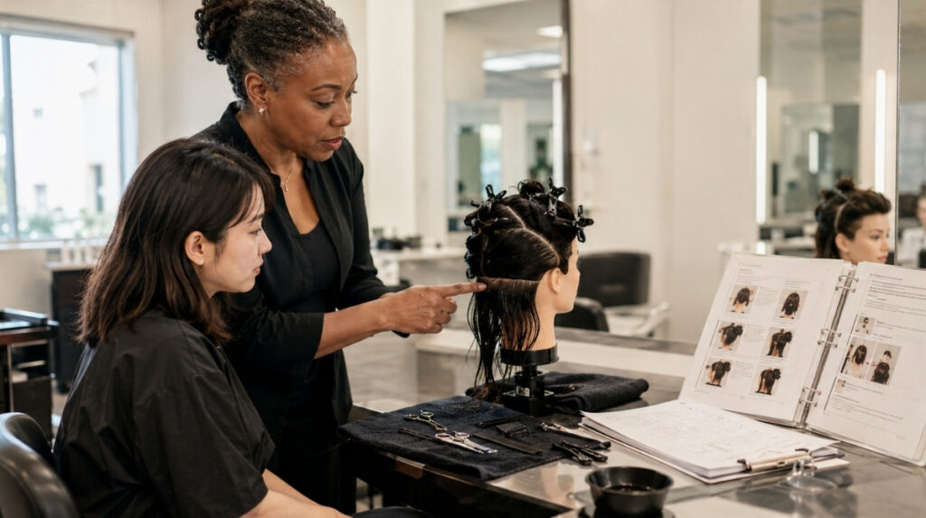 Experienced beauty instructor demonstrating hair sectioning on a mannequin head while a student observes in a clean cosmetology classroom.