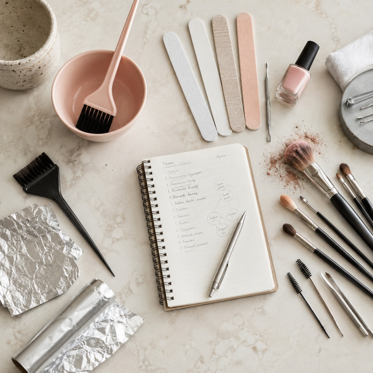 Flat lay of beauty career planning tools with color brushes, foils, nail files, makeup brushes, brow tools, and a notebook.