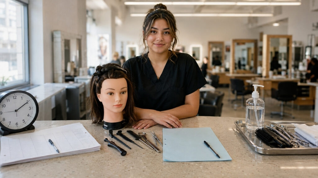 Cosmetology classroom scene with student, blank hour log sheet, clock, mannequin head, exam practice tools, renewal paper, sanitizer, and salon tools.