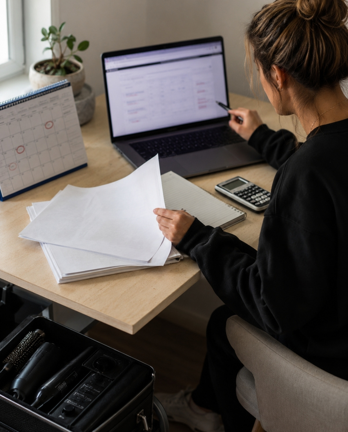 Cosmetology student reviewing a blank state board packet, laptop scheduling portal, calendar, calculator, and closed tool case while planning an exam date.