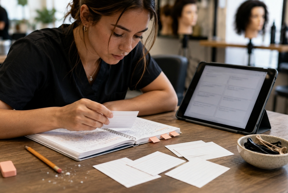 Cosmetology student reviewing blank flashcards beside a blurred tablet, notebook, pencil, and salon clips during written exam prep.