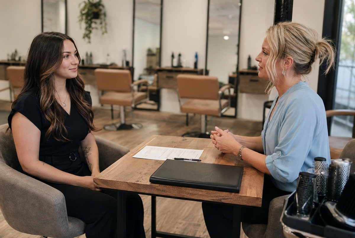 New cosmetology graduate practicing a salon job interview with a manager beside a resume, portfolio binder, pen, and clean tools.