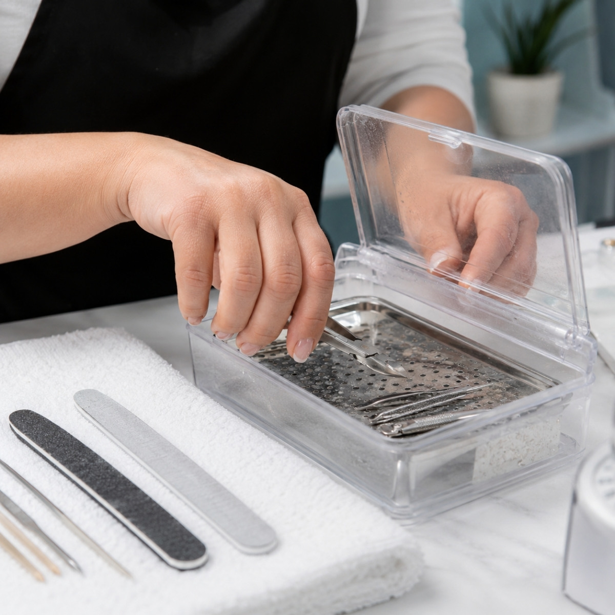 Close up of a beginner nail technician placing disinfected metal implements into a covered tray while separating single use nail files.