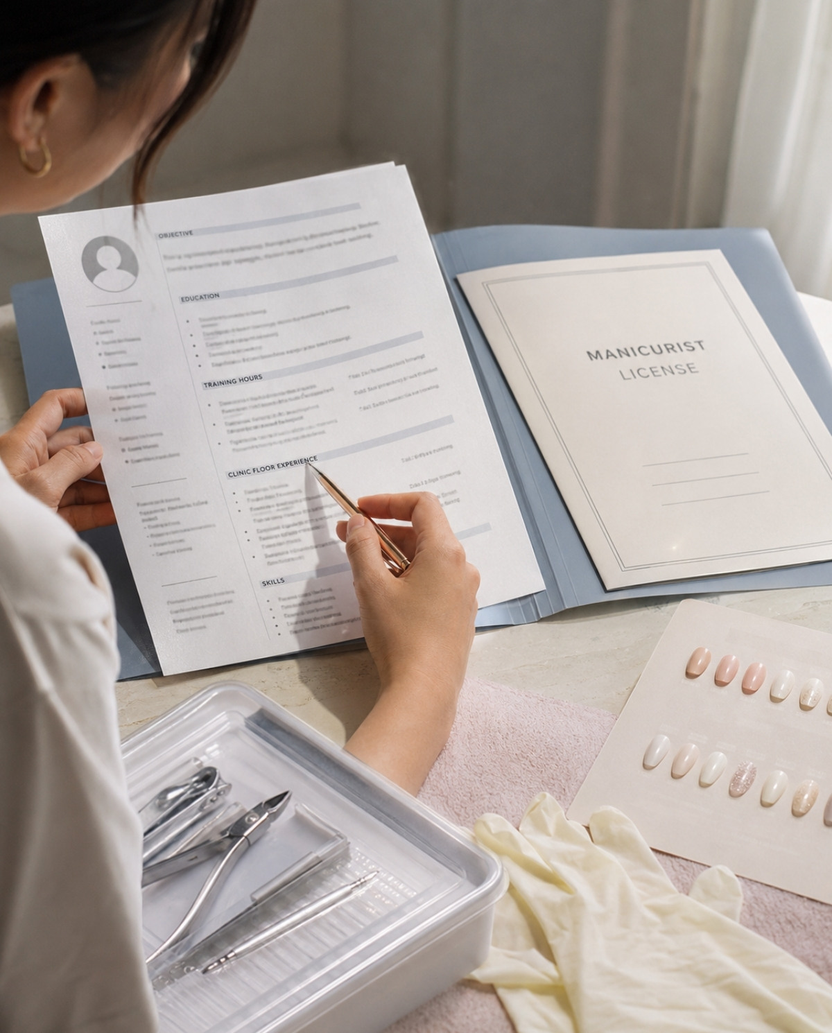 Beginner nail technician reviewing training hours and clinic floor experience on a resume beside a license folder, gloves, swatches, and sanitized tools.