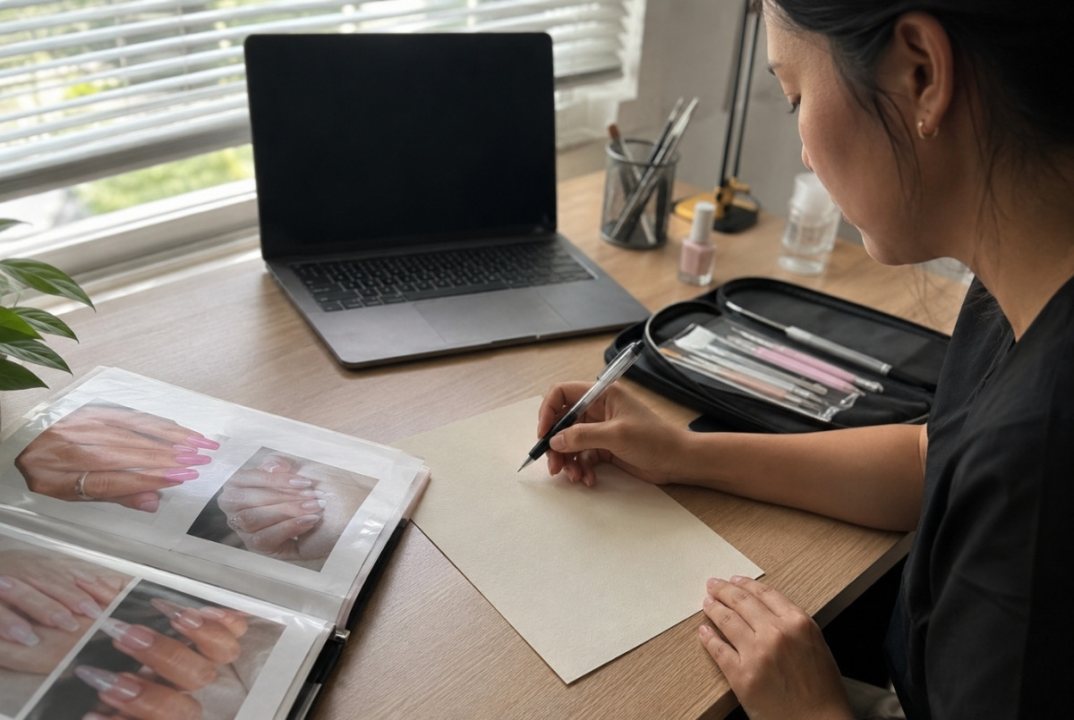 Beginner nail technician writing a personalized cover letter at a desk with a laptop, manicure portfolio photos, and sanitized nail tools nearby.
