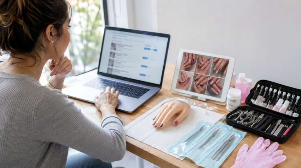 First career nail technician reviewing blurred salon job listings with a tablet portfolio, practice hand, gloves, and covered disinfected tools.