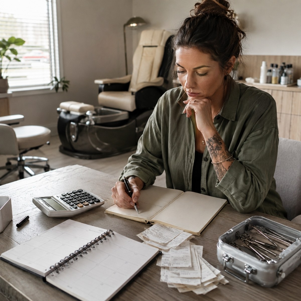 Independent nail professional reviews expenses and appointment records with a calculator, blank ledger, receipts, and disinfected tools inside a private service suite.