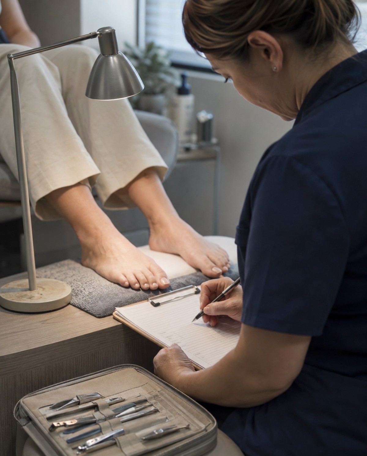 Nail technician records visual observations on an intake form while examining healthy feet under a small task lamp before service.