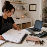 Nail technician reviewing an organized business binder in a professionally separated home studio with a laptop, calculator, payment terminal, receipts, keys, curing lamp, e-file, dust collector, credential frame, and stored nail products.
