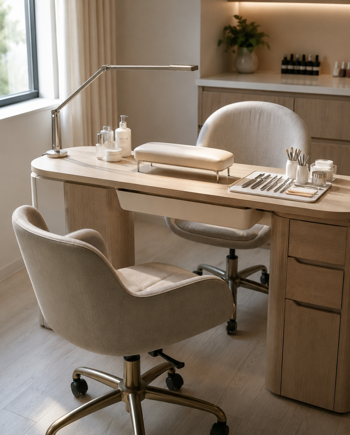 Empty professional manicure desk prepared for a client with a padded hand rest, sanitized tools, adjustable lamp, neatly managed cords, comfortable chairs, and clear legroom.
