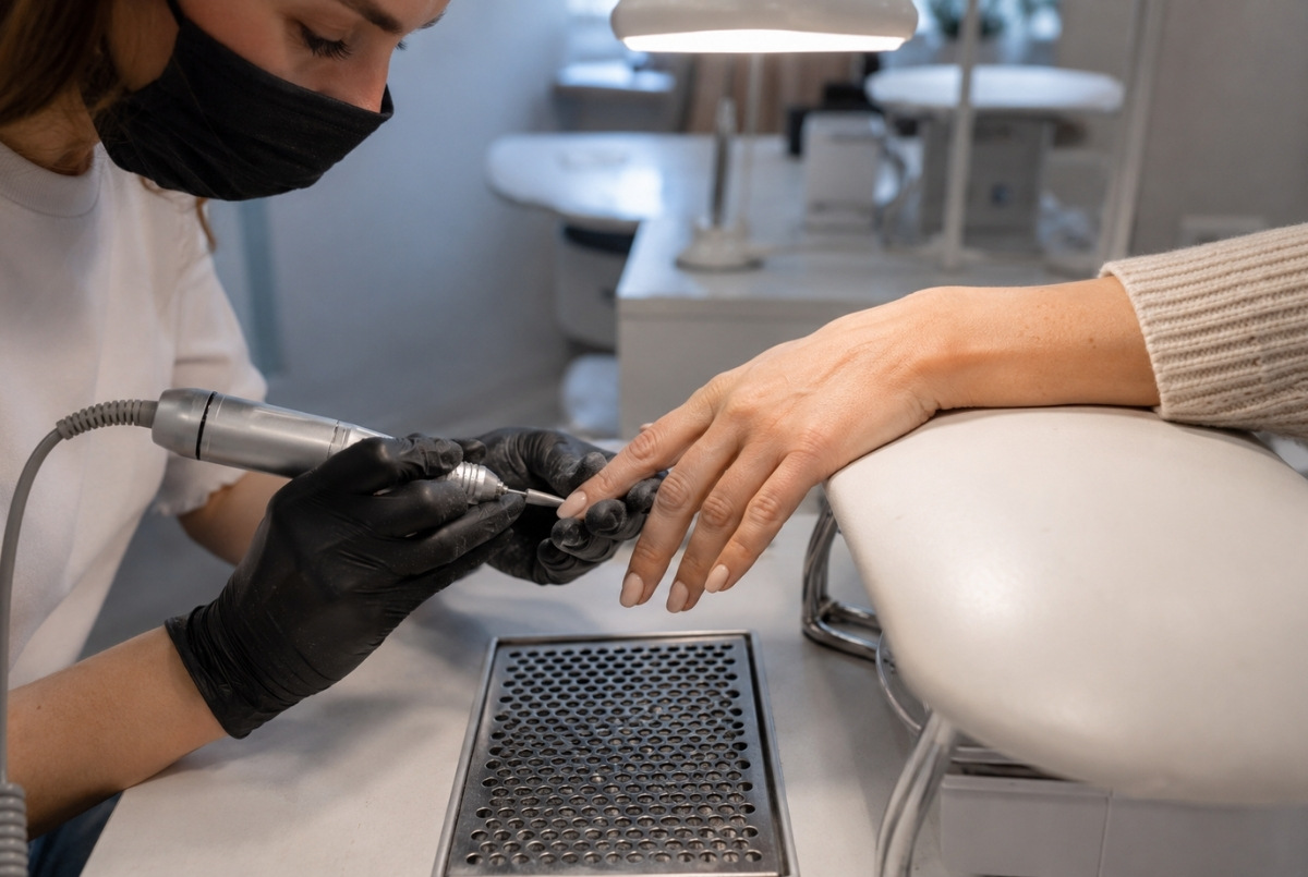 Nail technician using an electric nail file on a client’s fingernails while a source capture ventilation intake removes dust directly beside the manicure work area.