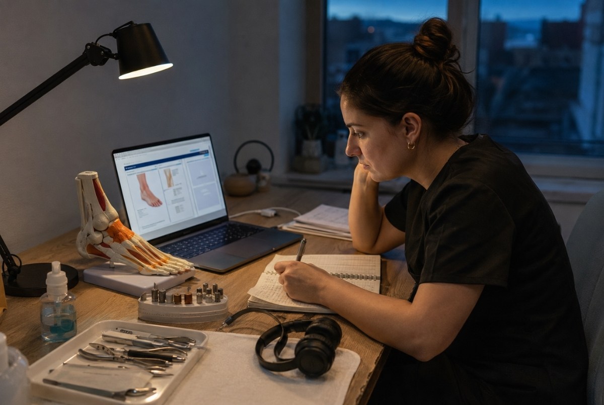 Working nail technician studies an advanced online foot care lesson at home beside a foot anatomy model, sanitized cosmetic tools, handwritten notes, and a headset.