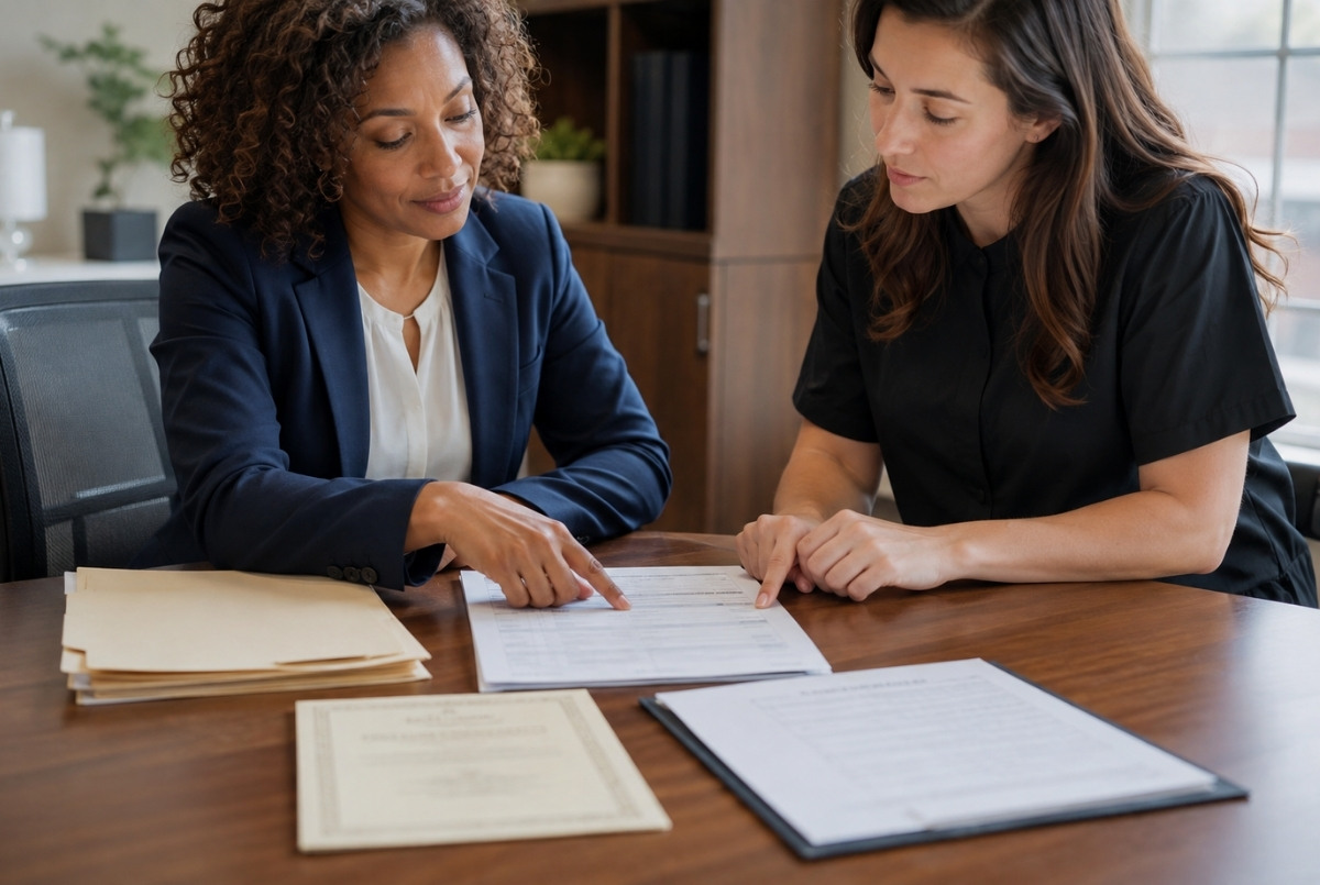 A cosmetologist and licensing adviser examine an anonymized training transcript, professional license, and work-experience record at a wooden desk.