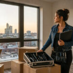 Cosmetologist holding a license folder beside professional styling tools and moving boxes while looking toward a new city from an apartment